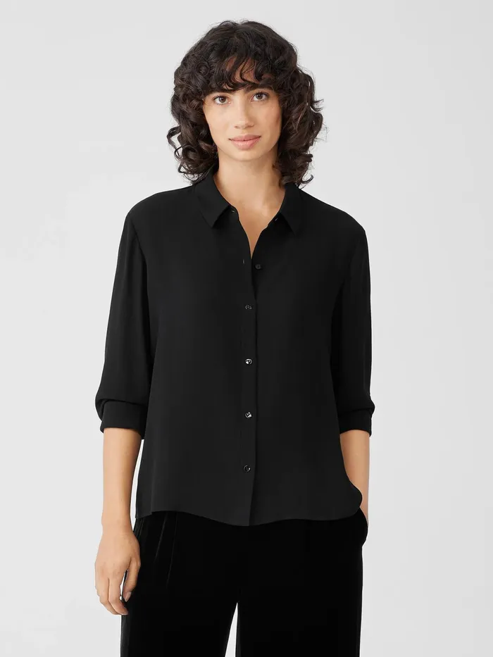 Women Tops and Tees Eileen Fisher Silk Georgette Crepe Classic Collar Shirt Black