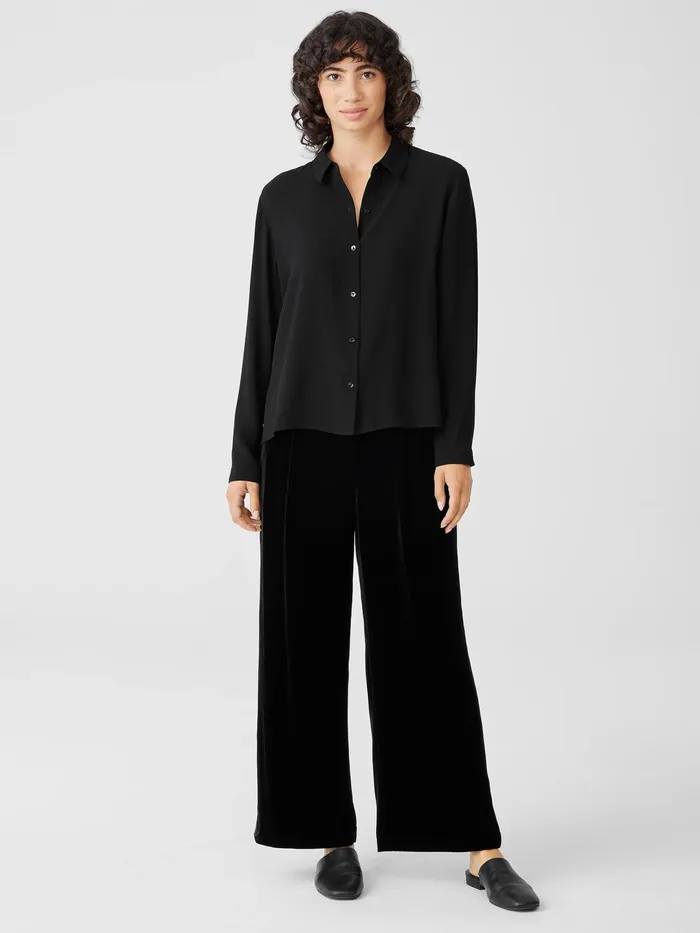Women Tops and Tees Eileen Fisher Silk Georgette Crepe Classic Collar Shirt Black