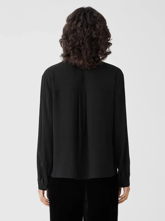 Women Tops and Tees Eileen Fisher Silk Georgette Crepe Classic Collar Shirt Black