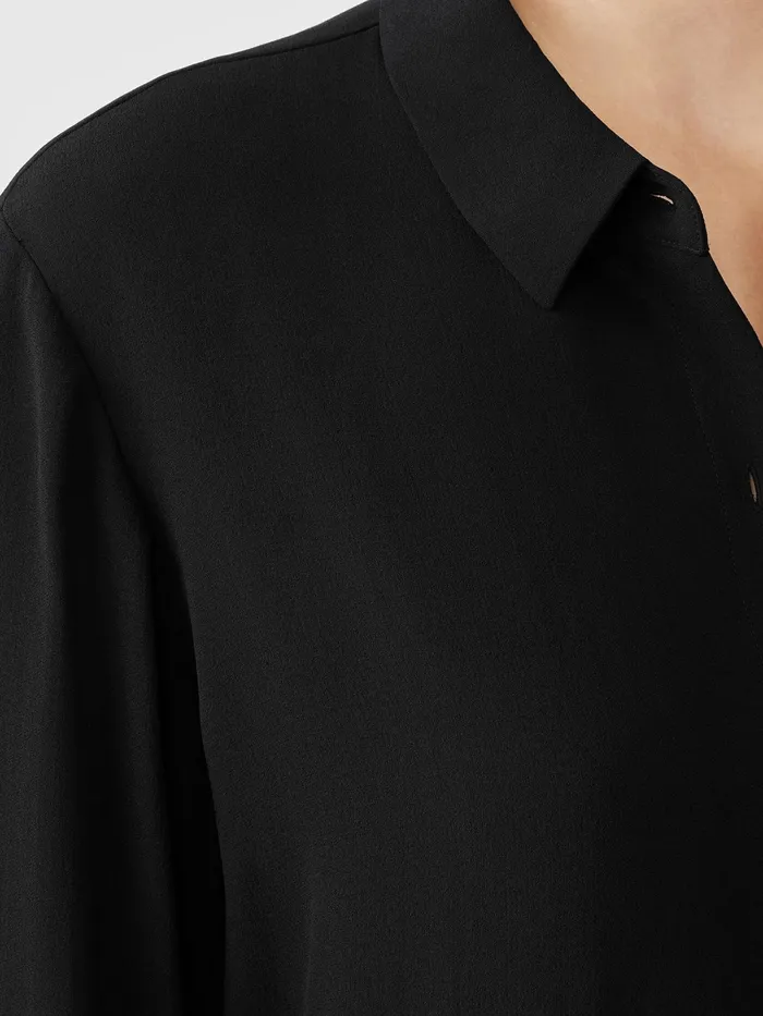 Women Tops and Tees Eileen Fisher Silk Georgette Crepe Classic Collar Shirt Black