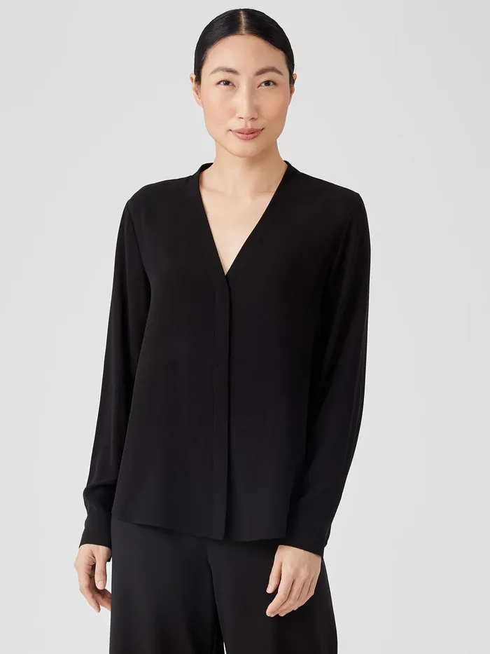 Women Tops and Tees Eileen Fisher Silk Georgette Crepe VNeck Shirt Black
