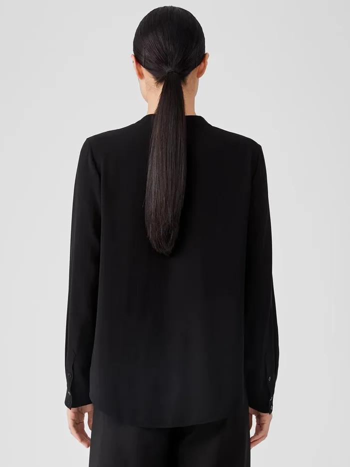 Women Tops and Tees Eileen Fisher Silk Georgette Crepe VNeck Shirt Black