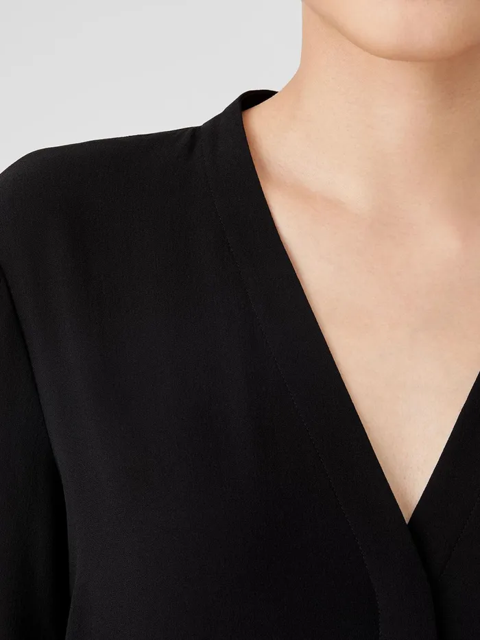 Women Tops and Tees Eileen Fisher Silk Georgette Crepe VNeck Shirt Black