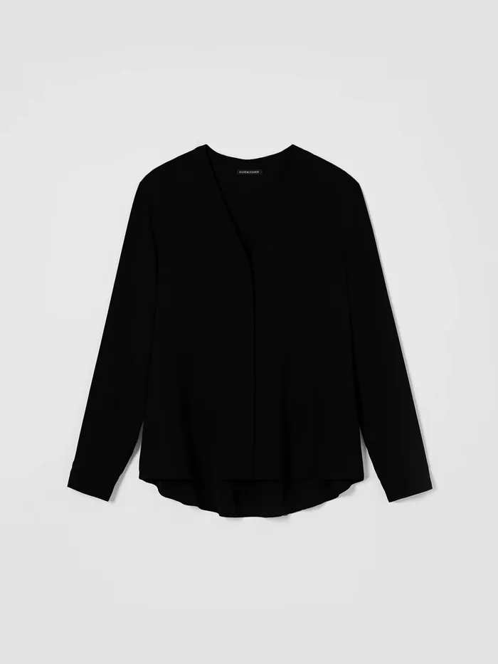Women Tops and Tees Eileen Fisher Silk Georgette Crepe VNeck Shirt Black