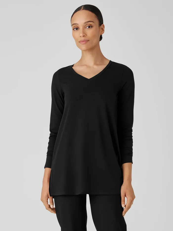 Women Tops and Tees Eileen Fisher Stretch Jersey Knit VNeck Long Top Black