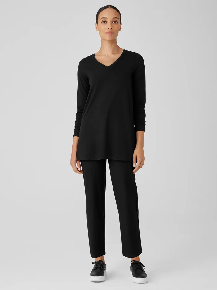 Women Tops and Tees Eileen Fisher Stretch Jersey Knit VNeck Long Top Black