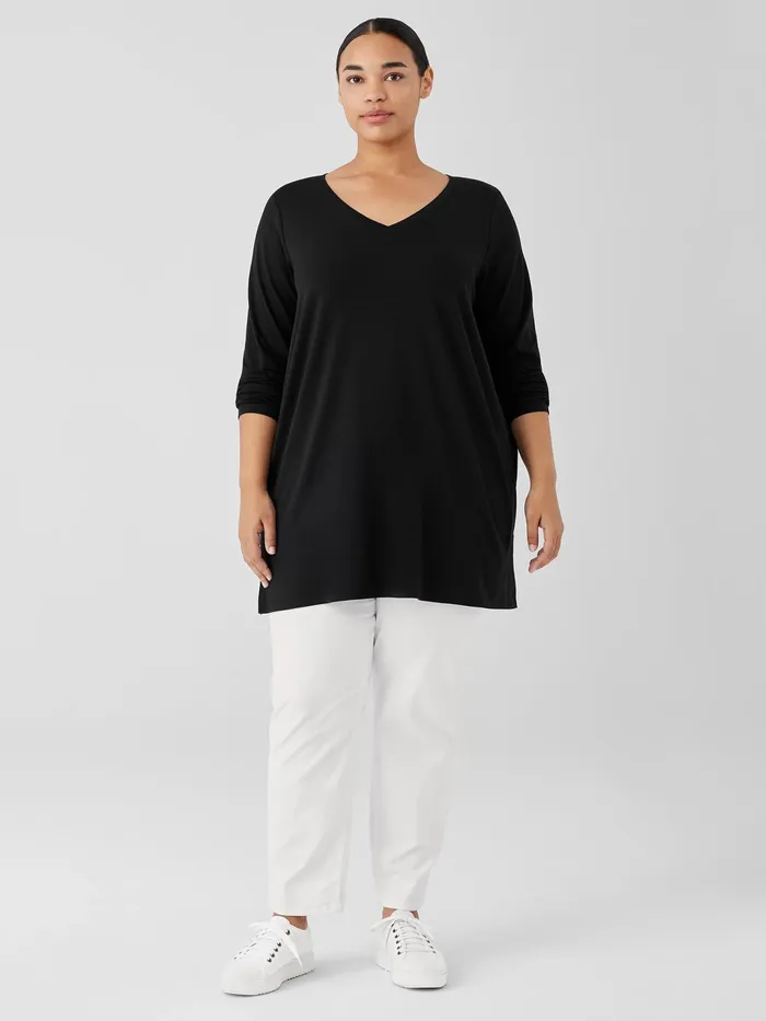 Women Tops and Tees Eileen Fisher Stretch Jersey Knit VNeck Long Top Black