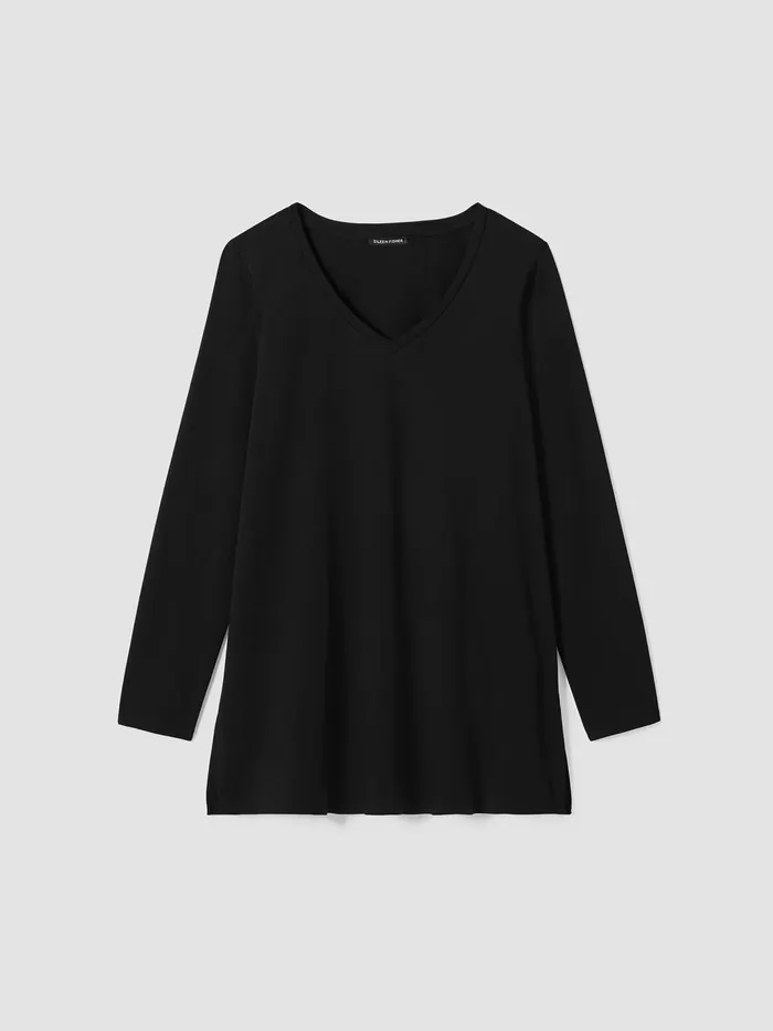 Women Tops and Tees Eileen Fisher Stretch Jersey Knit VNeck Long Top Black