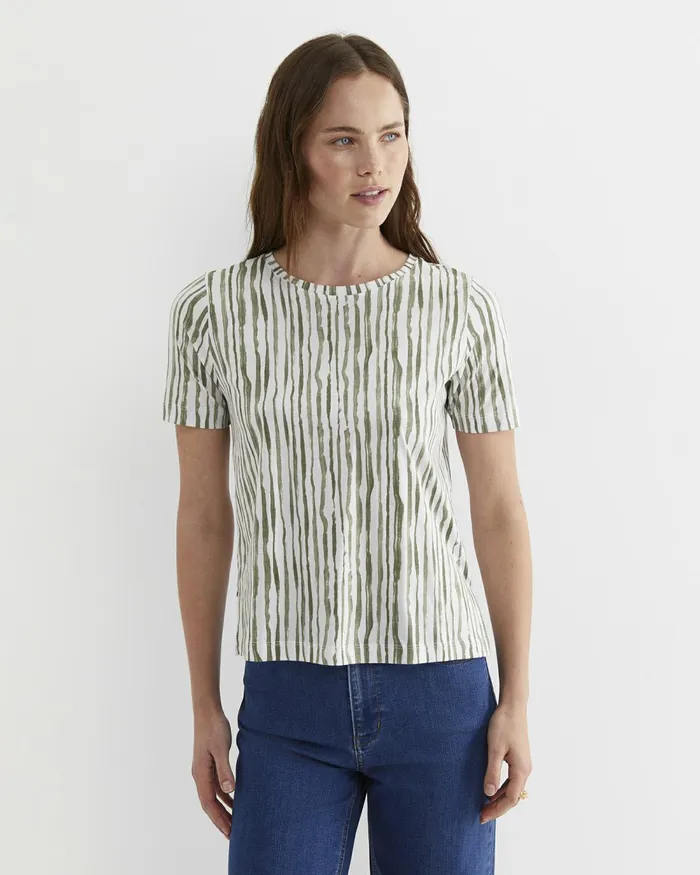 Women Tops and Tees Sportscraft Tina Stripe Mercerised Tee Whitekhaki