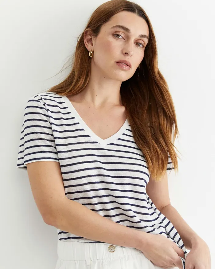 Women Tops and Tees Sportscraft Tonia V Neck Linen Tee Whitenavy