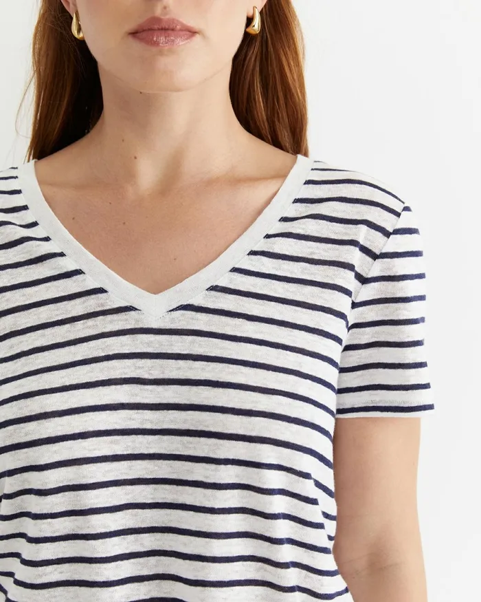 Women Tops and Tees Sportscraft Tonia V Neck Linen Tee Whitenavy
