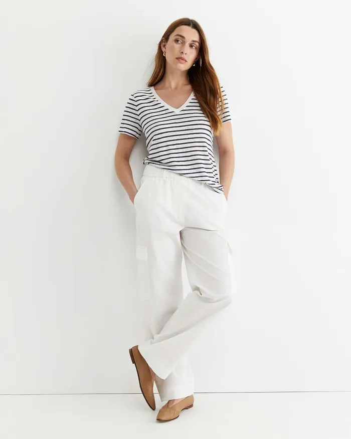 Women Tops and Tees Sportscraft Tonia V Neck Linen Tee Whitenavy