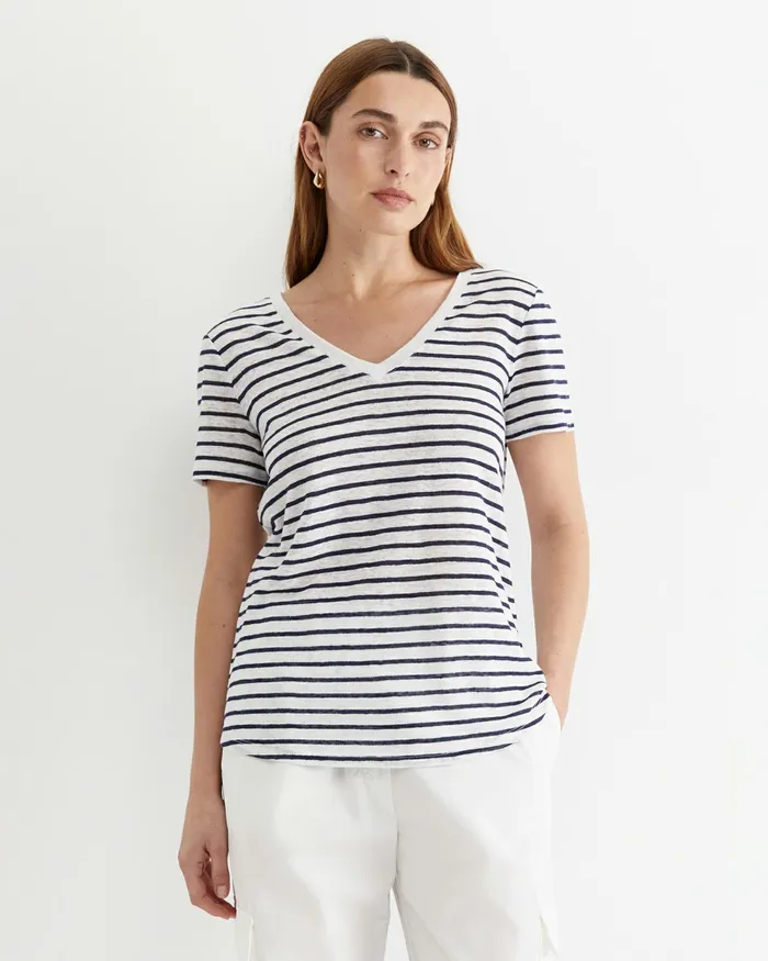Women Tops and Tees Sportscraft Tonia V Neck Linen Tee Whitenavy