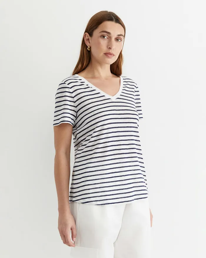 Women Tops and Tees Sportscraft Tonia V Neck Linen Tee Whitenavy