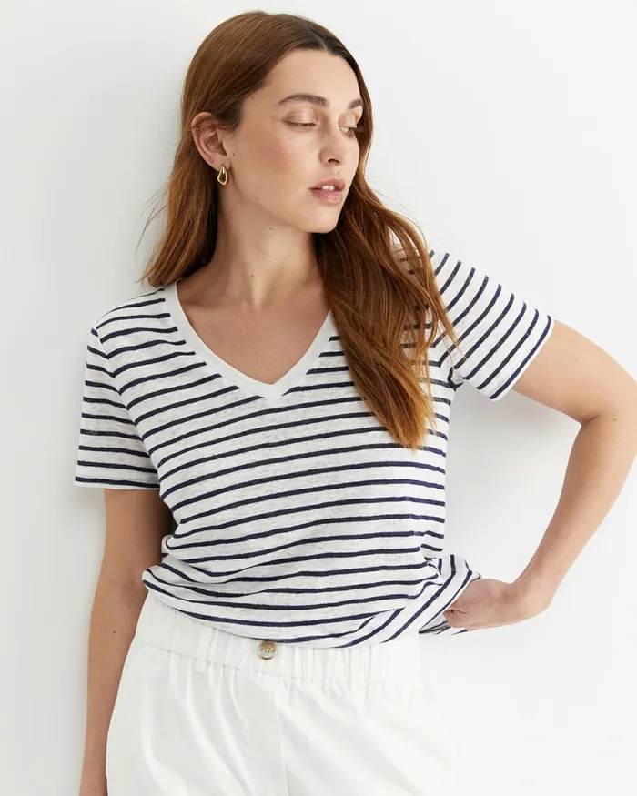 Women Tops and Tees Sportscraft Tonia V Neck Linen Tee Whitenavy