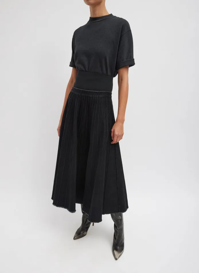 Women Vintage Black Denim Pintucked Denim Skirt Black Tibi Denim