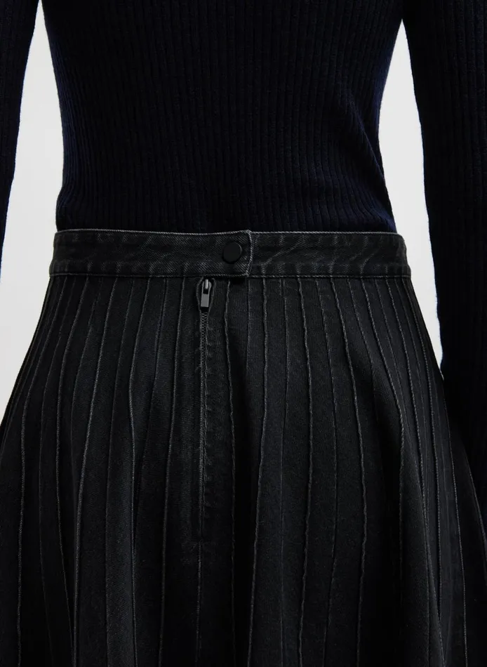 Women Vintage Black Denim Pintucked Denim Skirt Black Tibi Denim