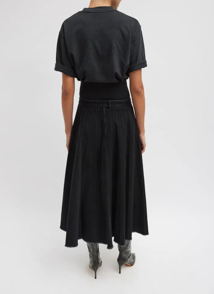 Women Vintage Black Denim Pintucked Denim Skirt Black Tibi Denim