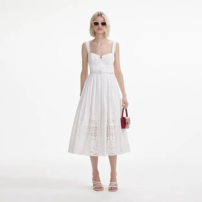 Women White Cotton Broderie Midi Dress Self Portrait Dresses