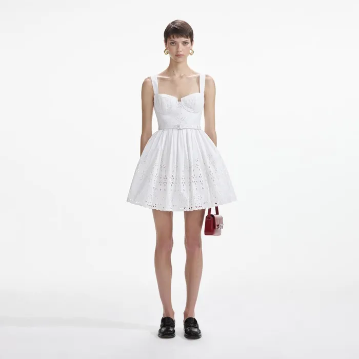 Women White Cotton Broderie Mini Dress Self Portrait Dresses