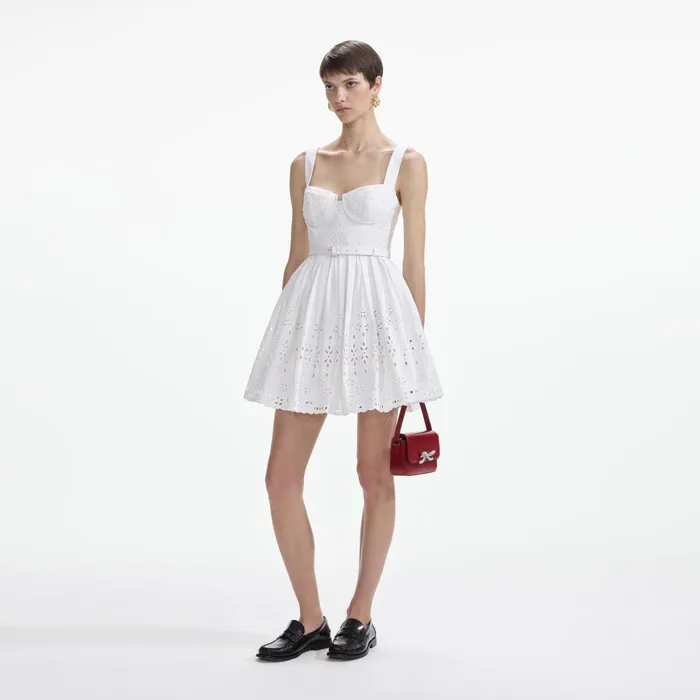 Women White Cotton Broderie Mini Dress Self Portrait Dresses