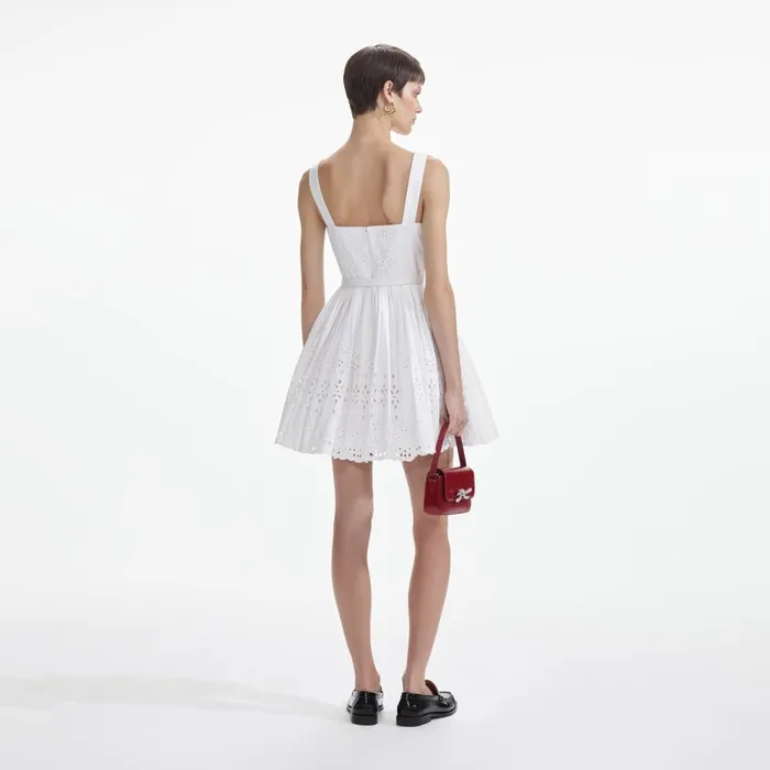 Women White Cotton Broderie Mini Dress Self Portrait Dresses