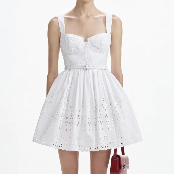 Women White Cotton Broderie Mini Dress Self Portrait Dresses