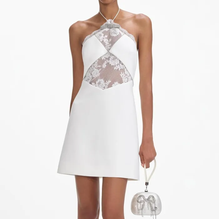 Women White Crepe Halterneck Mini Dress Self Portrait Dresses