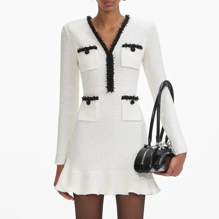 Women White Pearl Trim Knit Mini Dress Self Portrait Knitwear