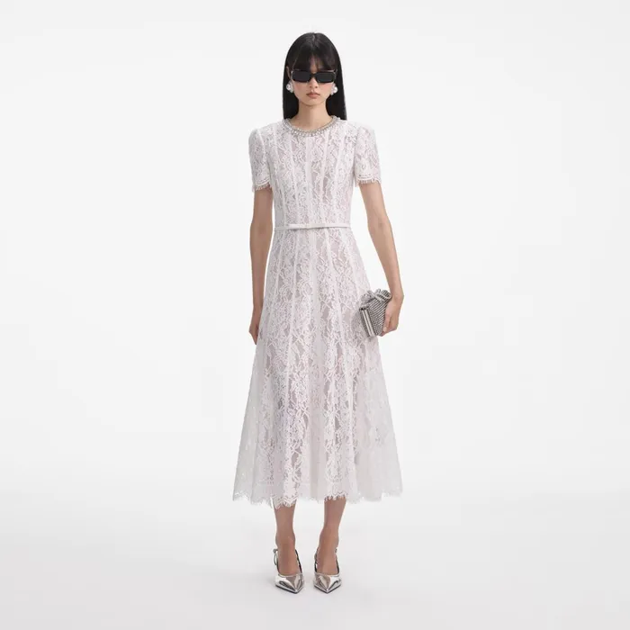 Women White Sequin Lace Midi Dress Self Portrait Dresses