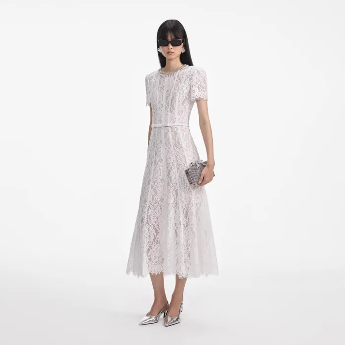 Women White Sequin Lace Midi Dress Self Portrait Dresses