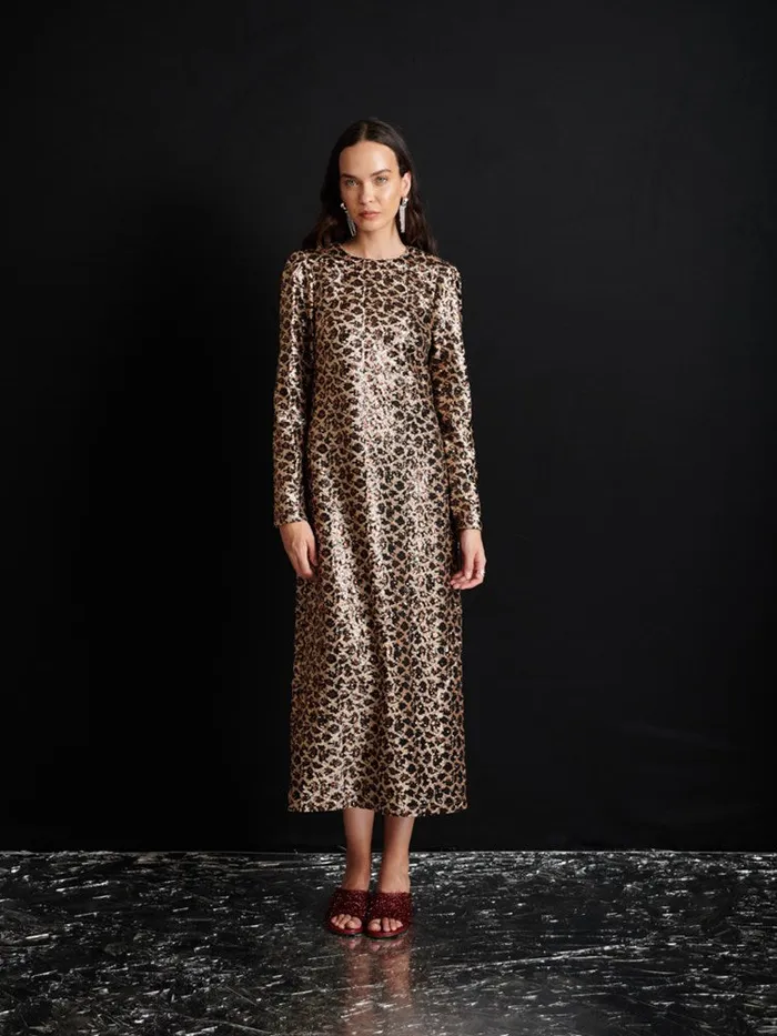 Womenswear Dresses Sister Jane Ghospell Yara Sequin Leopard Midi Dress Gold Brown Womenswear Dresses Sister Jane Ghospell Yara Sequin Leopard Midi Dress Gold Brown