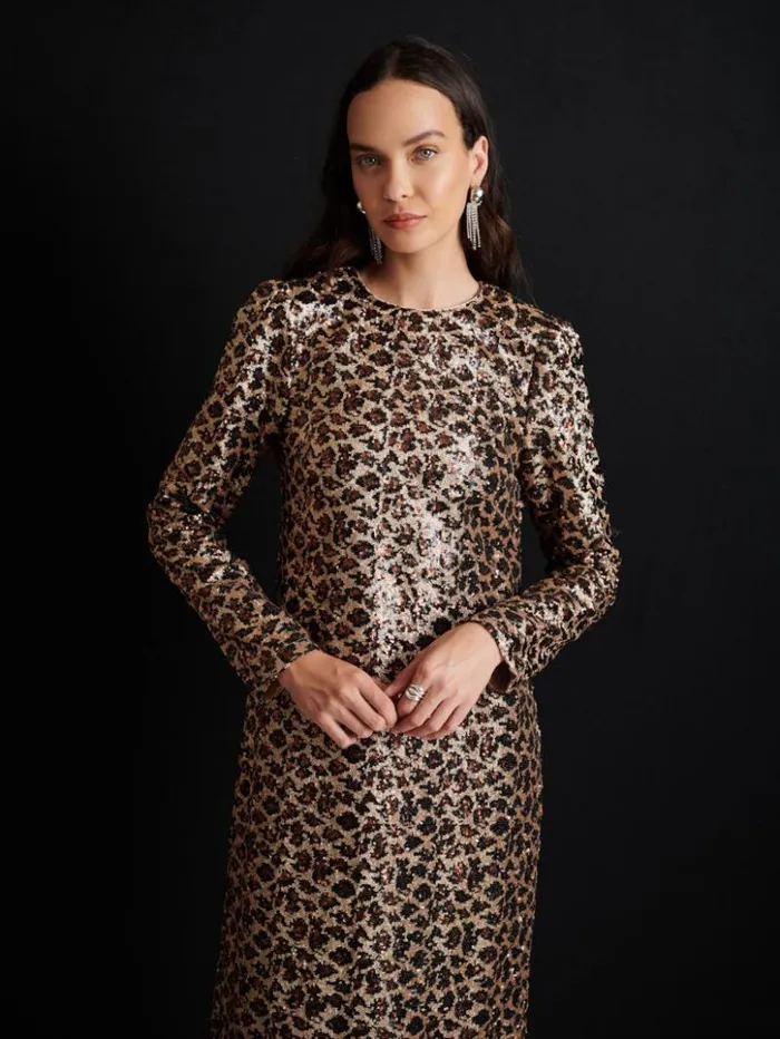 Womenswear Dresses Sister Jane Ghospell Yara Sequin Leopard Midi Dress Gold Brown Womenswear Dresses Sister Jane Ghospell Yara Sequin Leopard Midi Dress Gold Brown