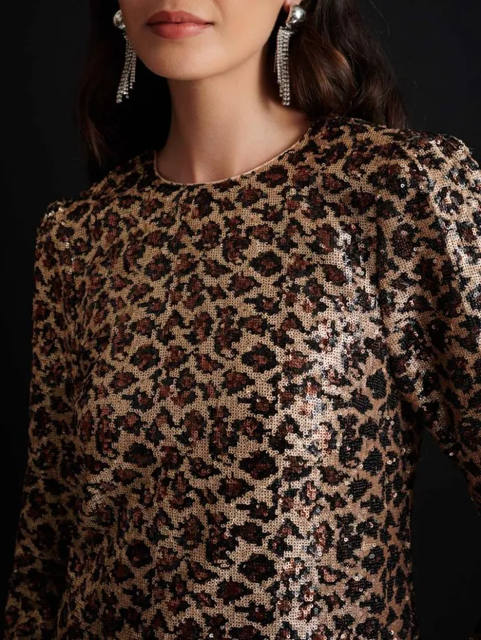 Womenswear Dresses Sister Jane Ghospell Yara Sequin Leopard Midi Dress Gold Brown Womenswear Dresses Sister Jane Ghospell Yara Sequin Leopard Midi Dress Gold Brown