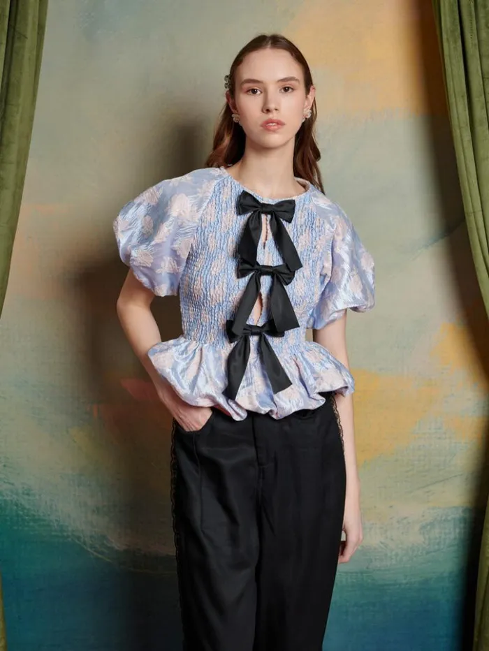 Womenswear Tops Sister Jane Alexander Jacquard Bow Top Pale Lavender Blue