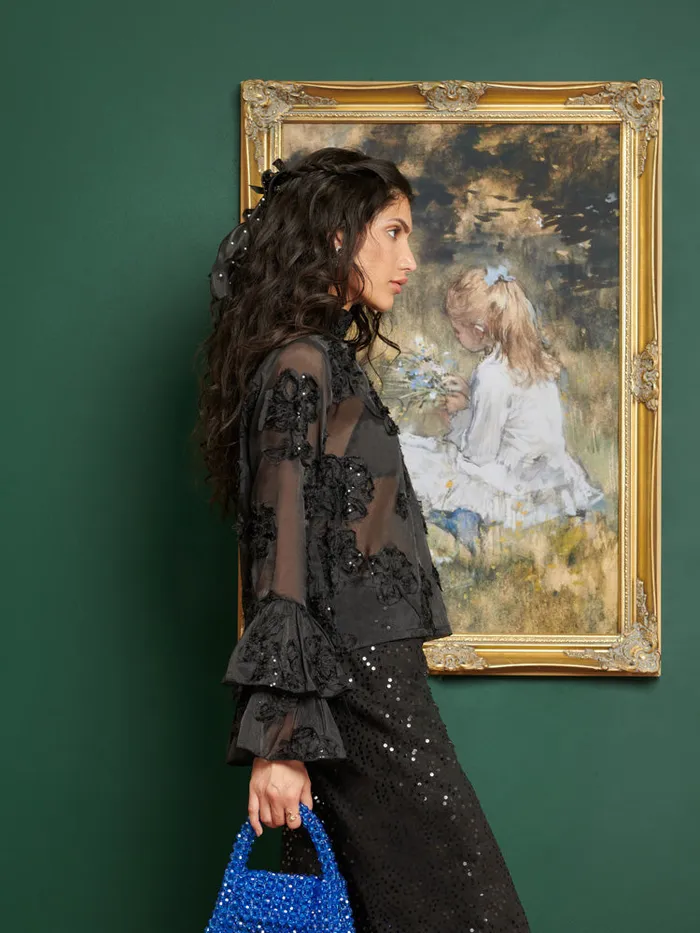 Womenswear Tops Sister Jane DREAM Estelle Floral Fluted Top Coal Black