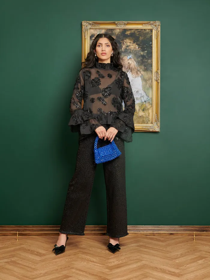 Womenswear Tops Sister Jane DREAM Estelle Floral Fluted Top Coal Black