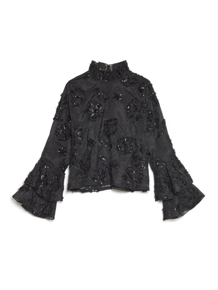 Womenswear Tops Sister Jane DREAM Estelle Floral Fluted Top Coal Black