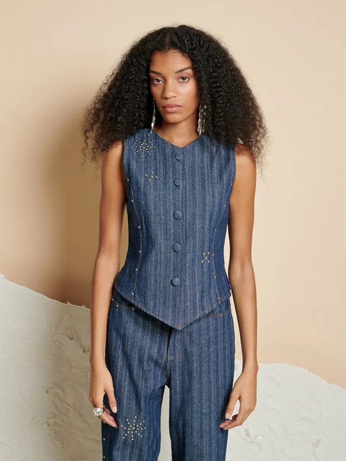 Womenswear Tops Sister Jane Ghospell Blakely Denim Studded Vest Indigo Blue