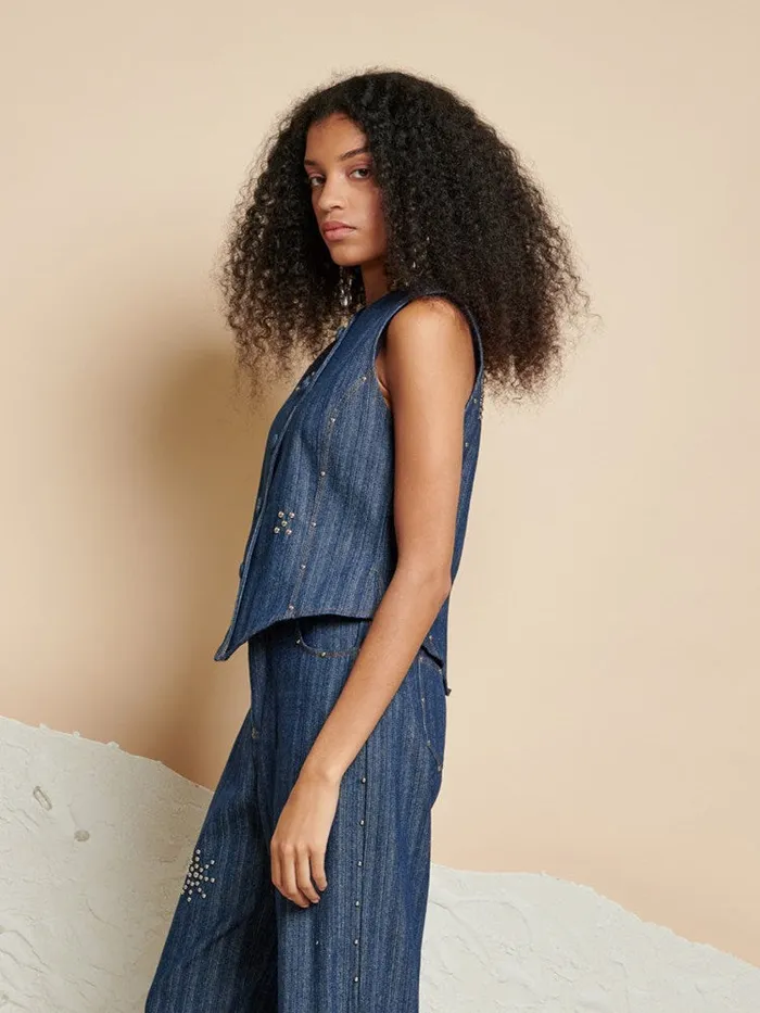Womenswear Tops Sister Jane Ghospell Blakely Denim Studded Vest Indigo Blue